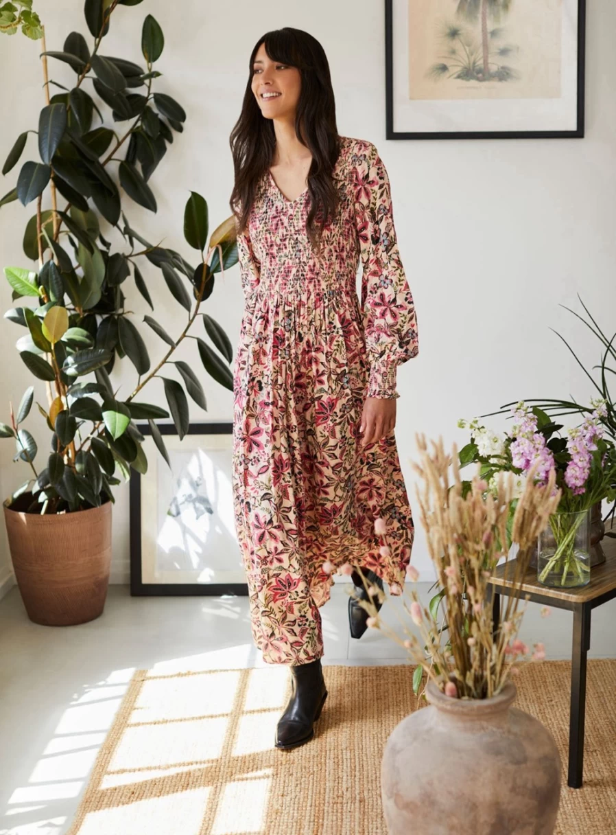 Thought Women's Faye Lenzing Ecovero Dobby Shirred Midi Dress - Size 10 | Sustainable Viscose Blend