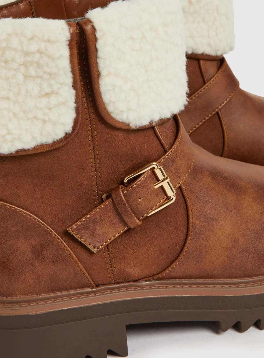 Tu Women's Tan Ankle Boots with Borg Cuff - Stylish 7-Inch Height Booties for Fashion