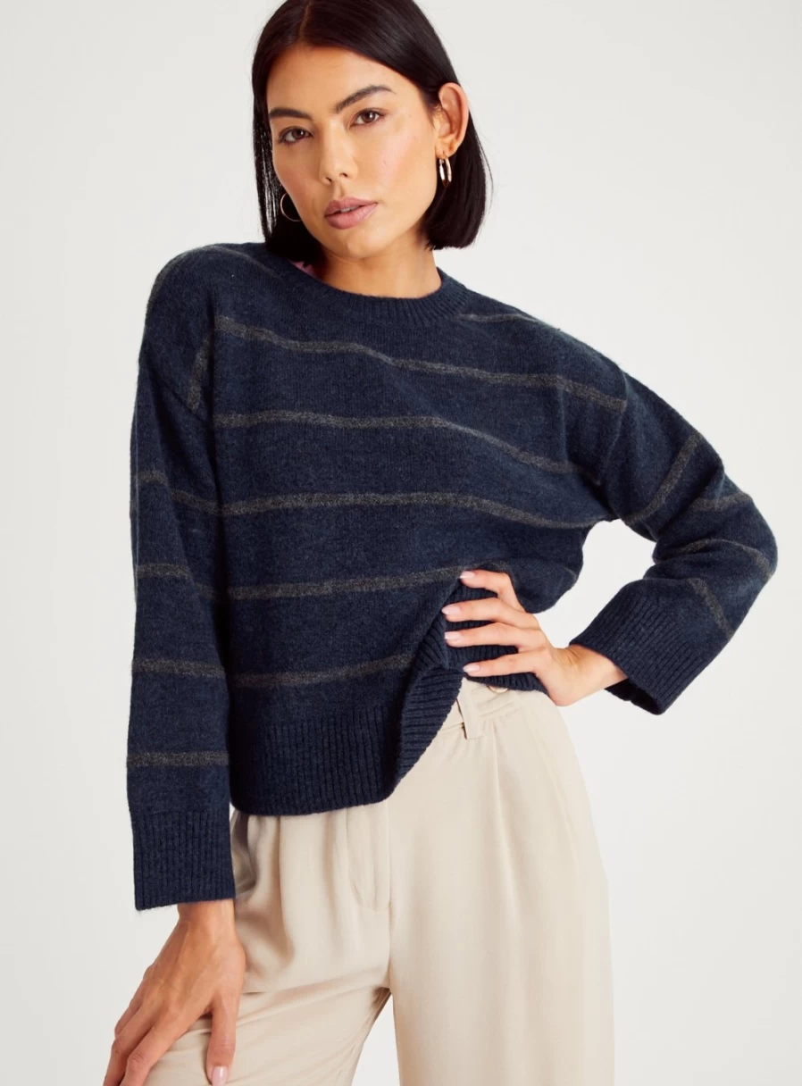 Tu Women's Navy & Grey Striped Knit Jumper Sweater 2022 Cozy Casual Winter Pullover