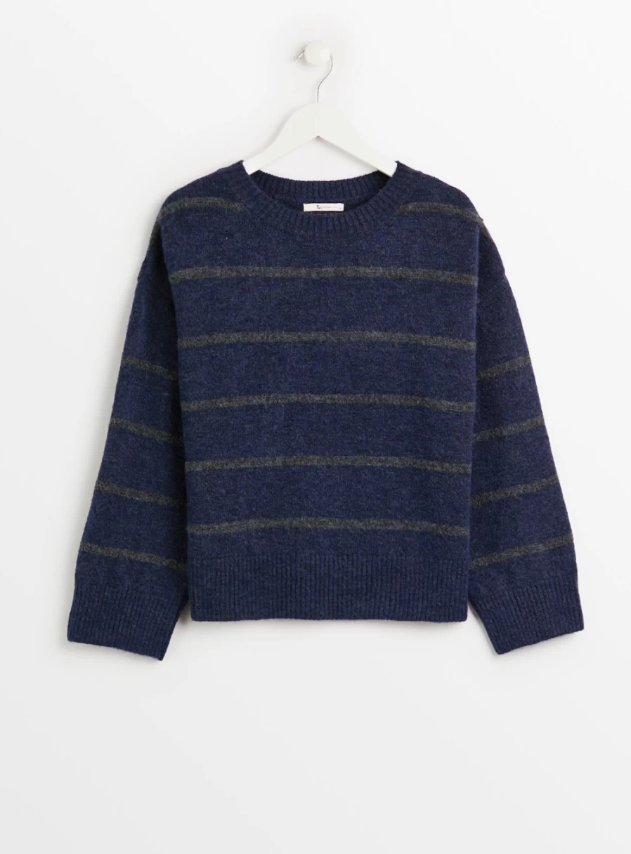 Tu Women's Navy & Grey Striped Knit Jumper Sweater 2022 Cozy Casual Winter Pullover