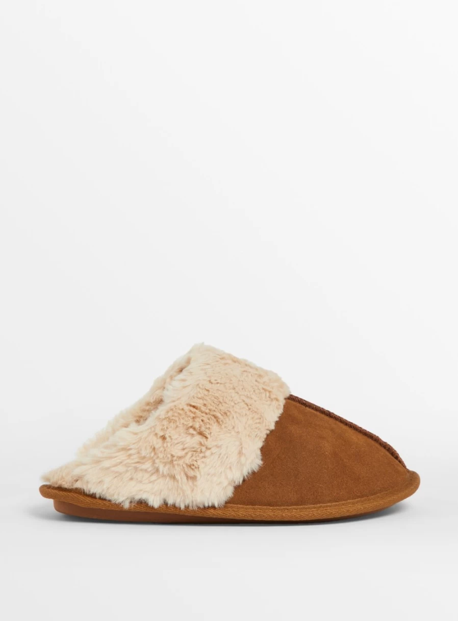 "Totes Women's Tan Suede Mule Slippers with Faux Fur Linings – Cozy House Shoes"