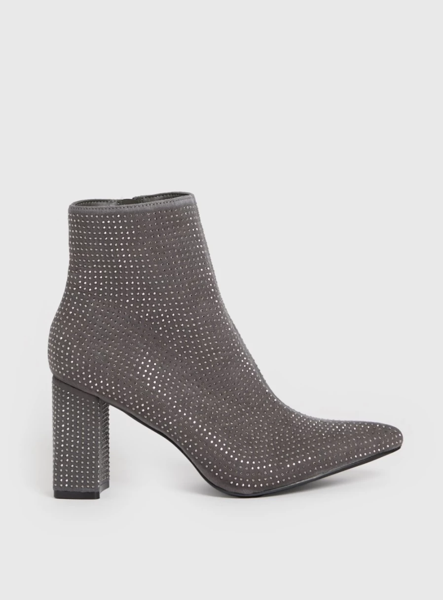 Tu Women's Grey Gem Embellished Ankle Boots - Size 6, Fashion Rhinestone Decorated Casual Booties