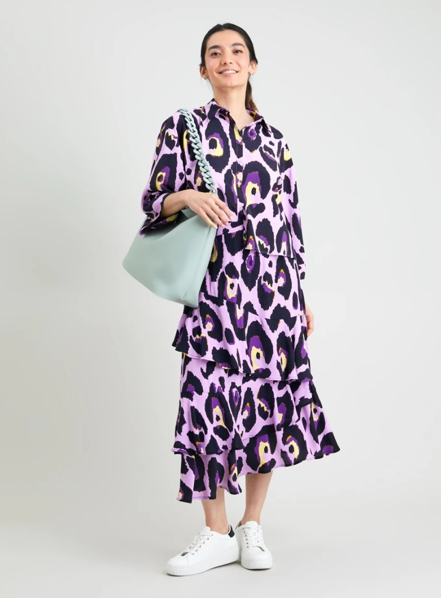 Tu Women's Lilac Leopard Print Ruffle Midi Skirt - Floral Animal Pattern High Waist A-Line Skirt for Spring Summer