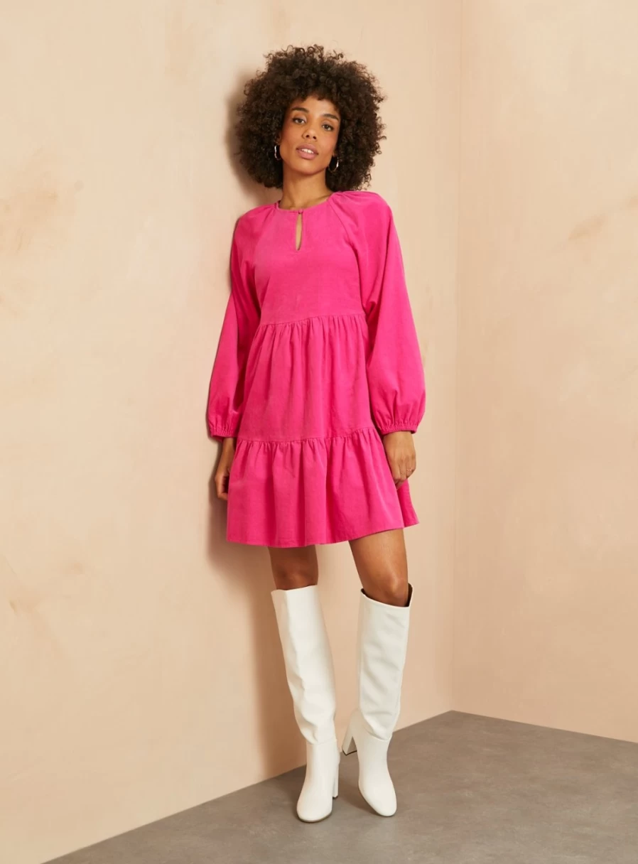 Everbelle Women's Pink Corduroy High Neck Tiered Mini Dress - Vintage Style Short Dress Size 8