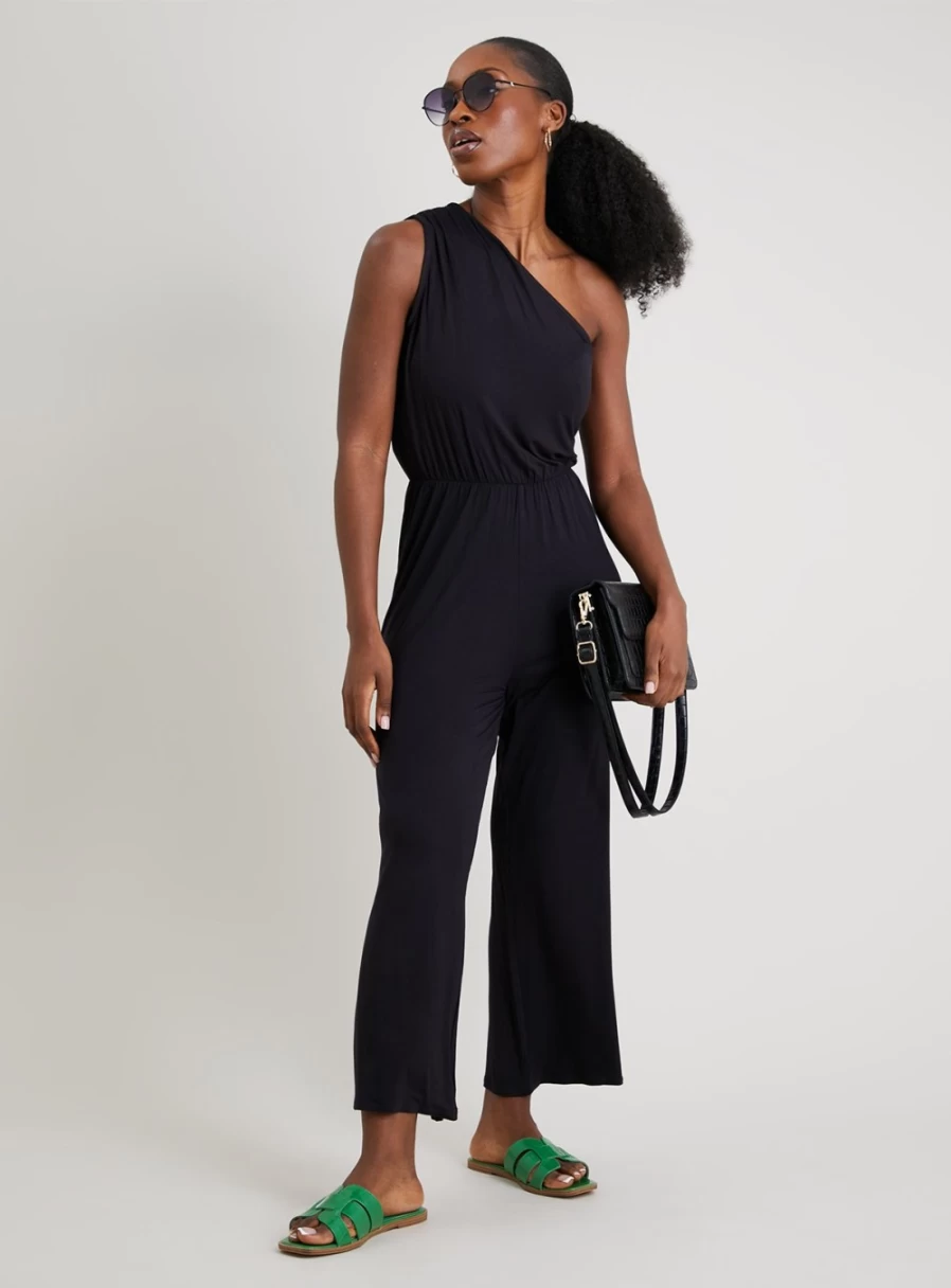 Tu Women's Black One Shoulder Jumpsuit - Stylish Romper for Evening Wear