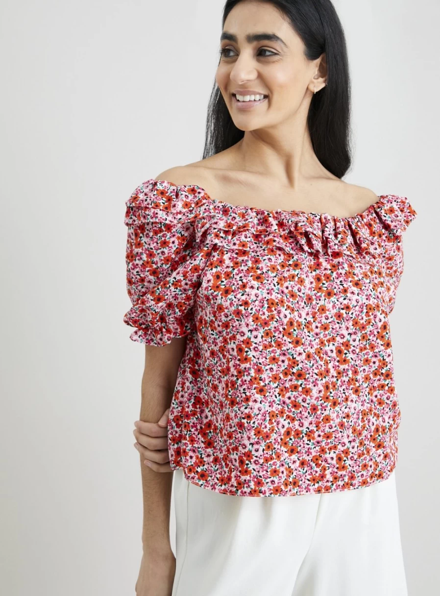 Tu Women's Red Ditsy Floral Blouse with Puff Sleeves and Frill Details - Size 14