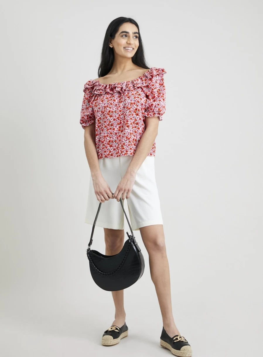 Tu Women's Red Ditsy Floral Blouse with Puff Sleeves and Frill Details - Size 14