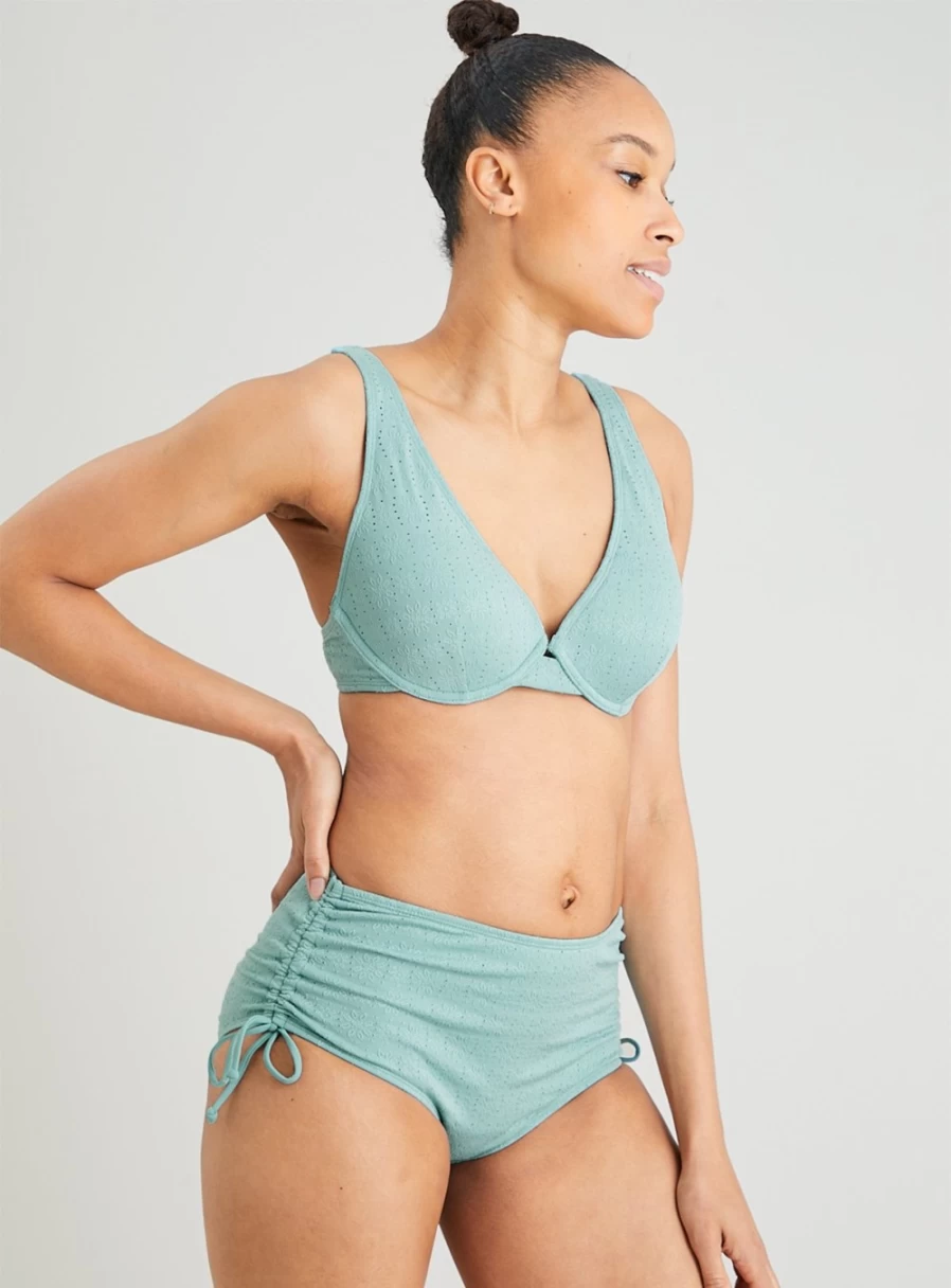 Tu Women's Aqua High Waisted Bikini Bottoms with Broderie Detail & Ruched Design - Size 22 Swimwear