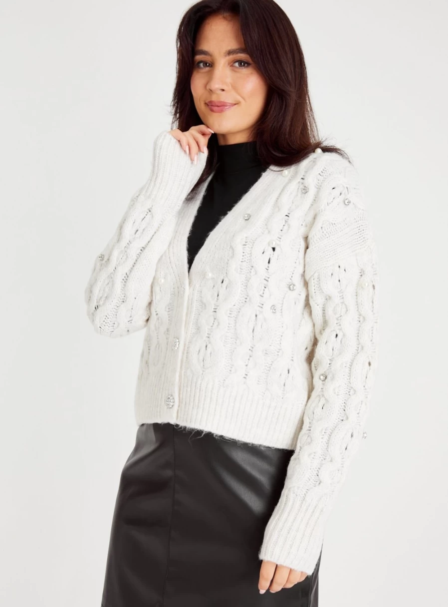 Tu Women's Cream Cable Knit Cardigan with Pearl & Diamante Details - Cozy Winter Sweater