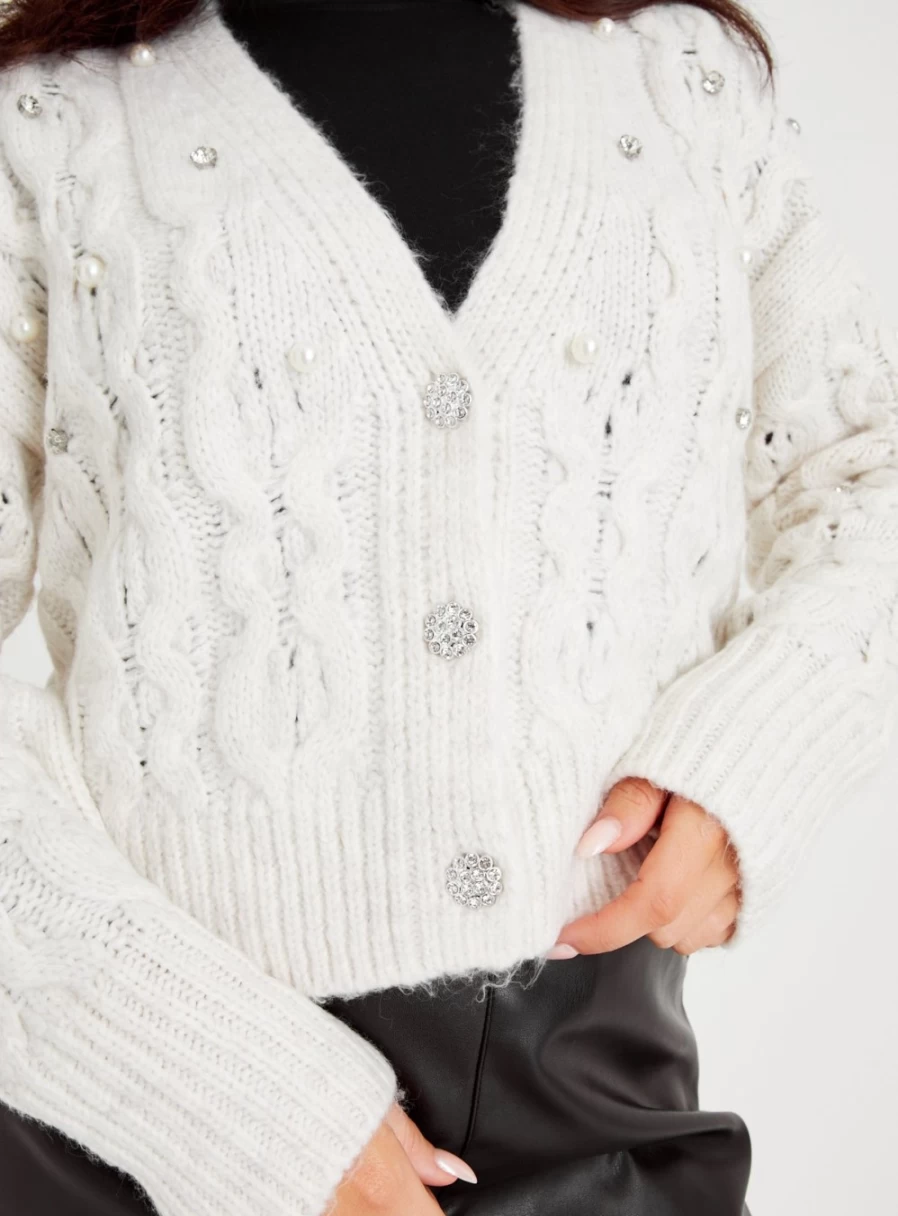 Tu Women's Cream Cable Knit Cardigan with Pearl & Diamante Details - Cozy Winter Sweater