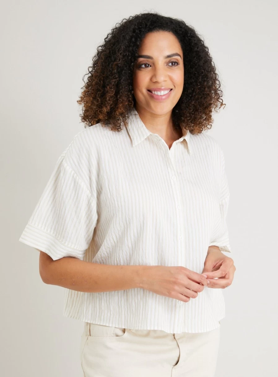 "Tu Women's Cream Stripe Boxy Shirt - Stylish Casual Top for Women"
