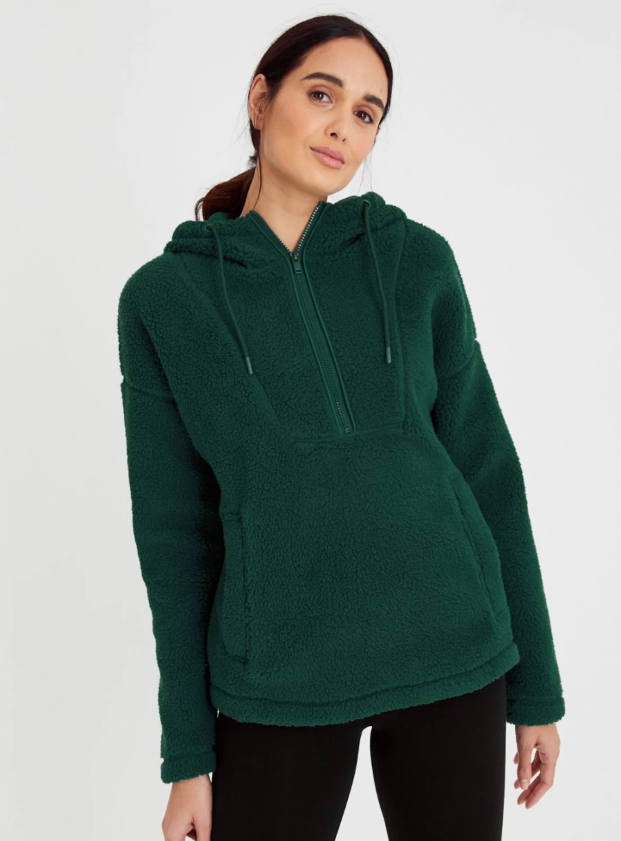 Tu Women's Green Sherpa Half Zip Hoodie - Cozy Fleece Pullover for Winter