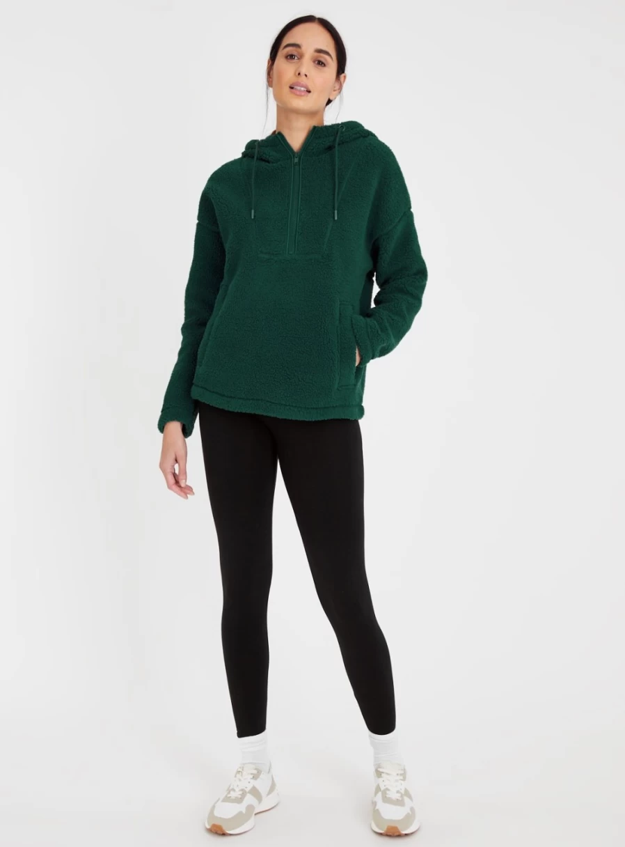 Tu Women's Green Sherpa Half Zip Hoodie - Cozy Fleece Pullover for Winter