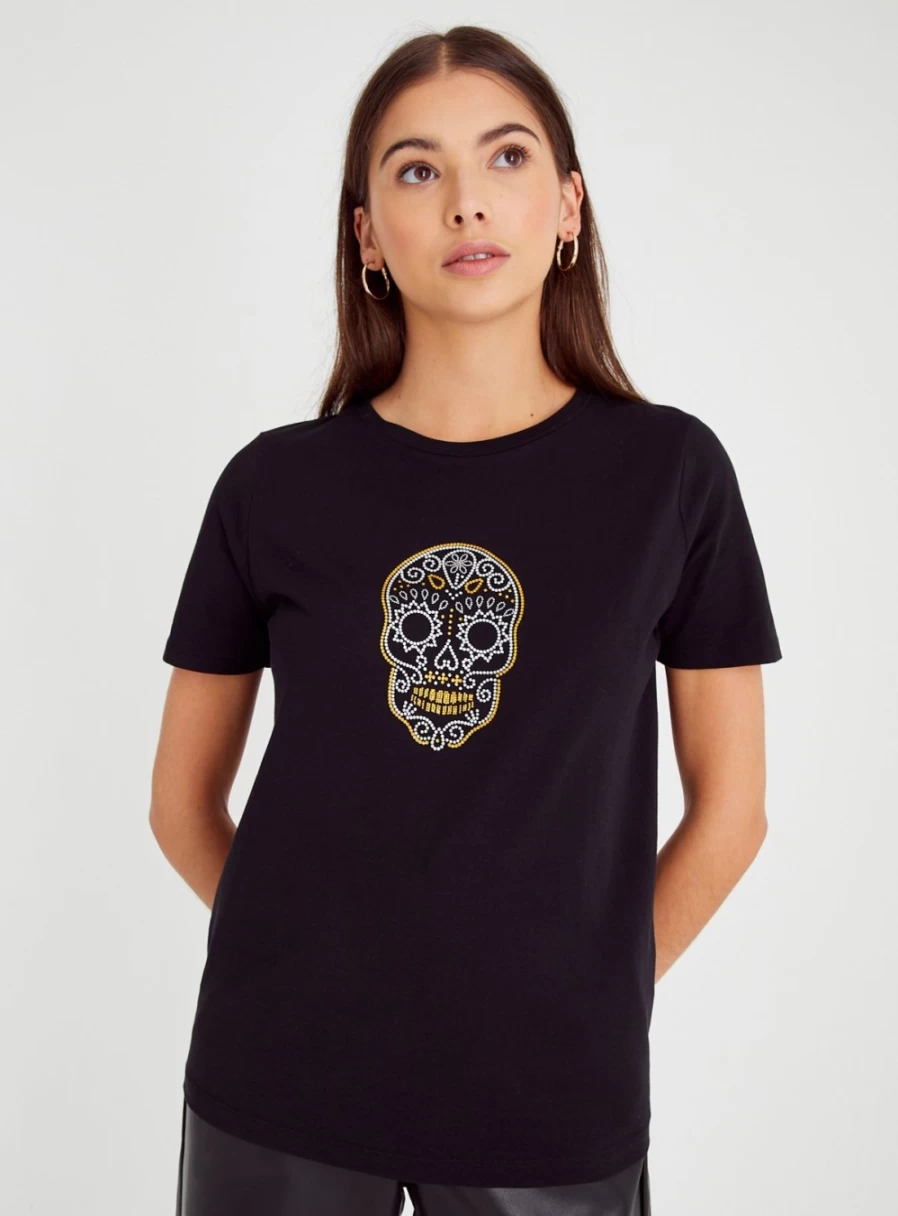 "Tu Women's Black Halloween Sugar Skull Print Regular Fit T-Shirt Size 8"