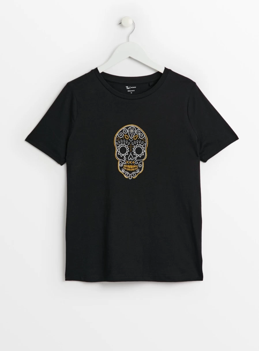 "Tu Women's Black Halloween Sugar Skull Print Regular Fit T-Shirt Size 8"