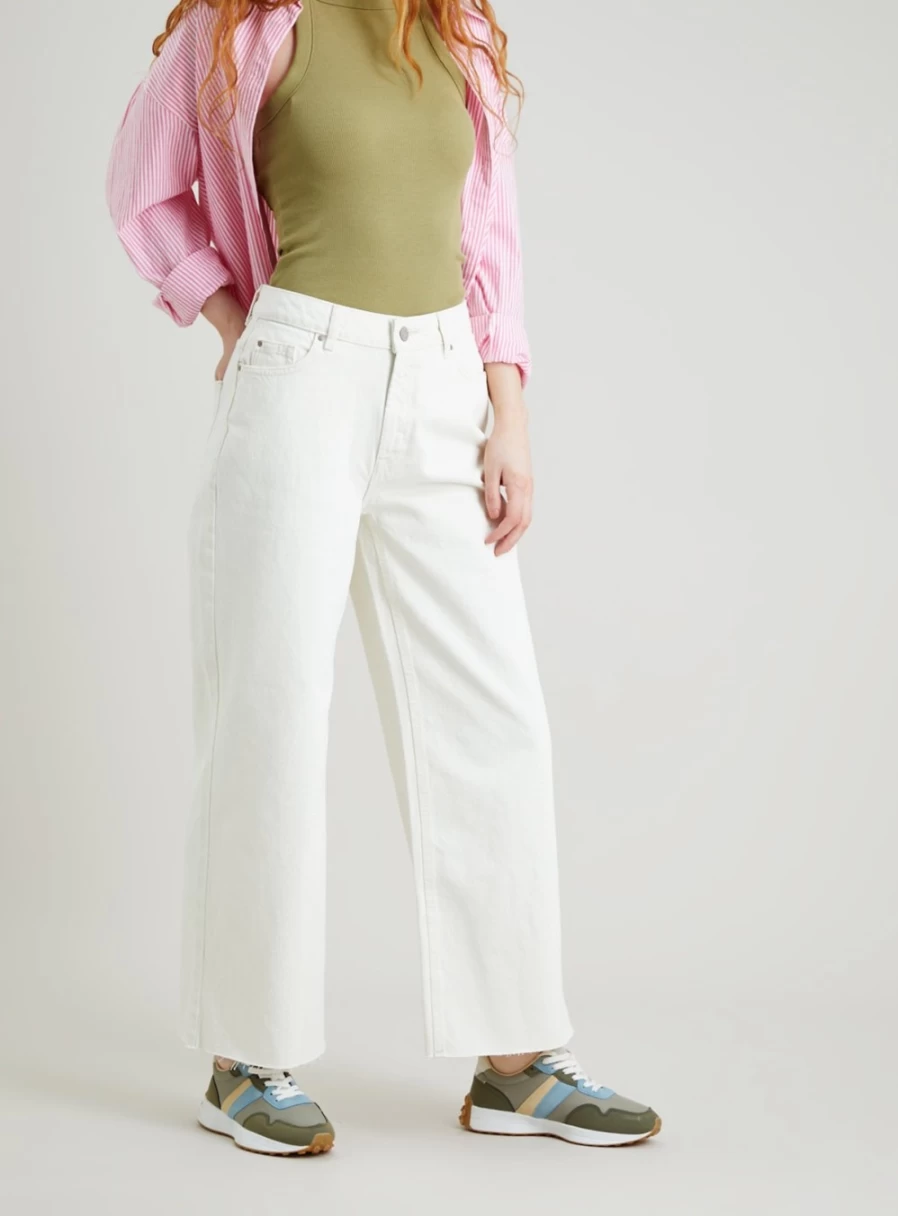 Tu Women's Cream Wide Leg Raw Hem Distressed Jeans - 16R High Waist Comfort Fit
