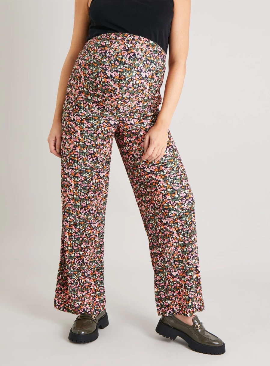 Tu Maternity Women's Floral Print Kick Flare Pregnancy Pants - Stretch Plisse Trousers for Maternity Wear