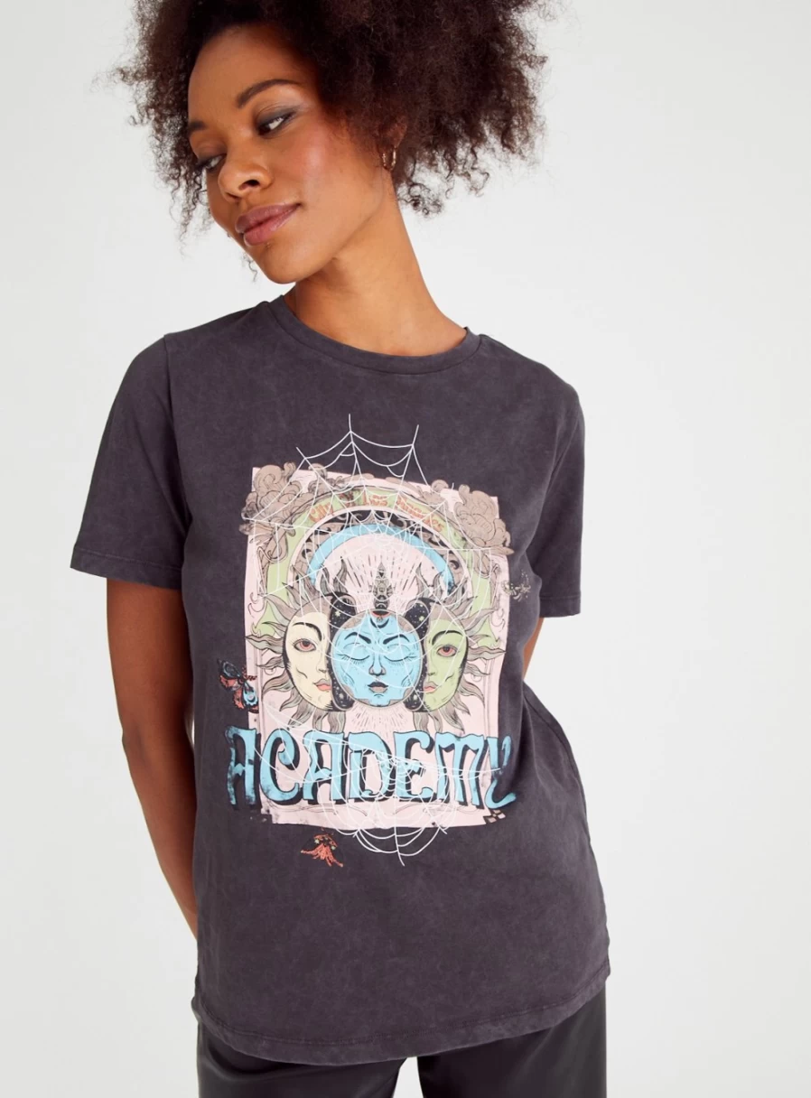 Women's Grey Acid Wash Graphic T-Shirt by Tu - Stylish Vintage Tee for Casual Wear