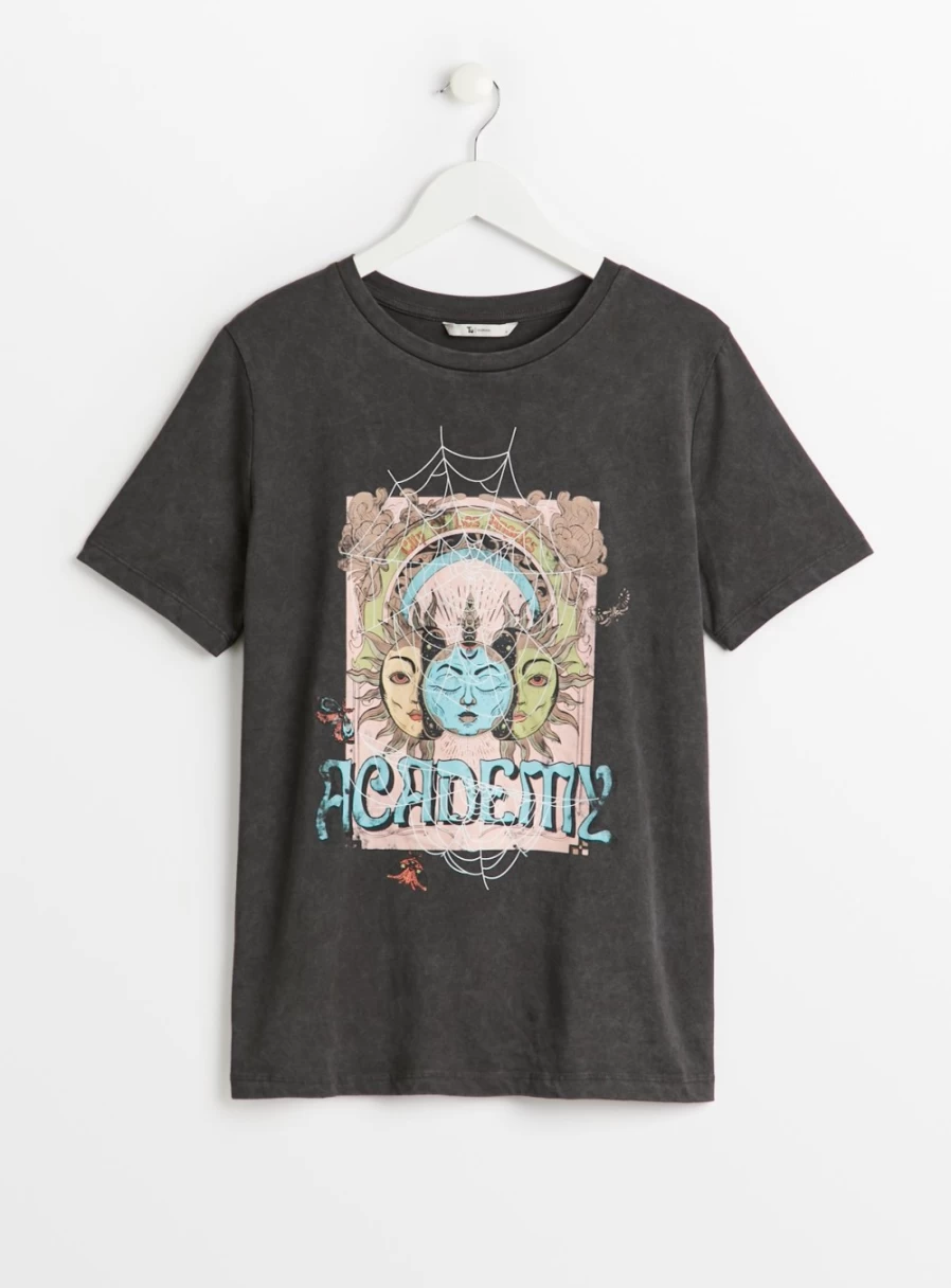 Women's Grey Acid Wash Graphic T-Shirt by Tu - Stylish Vintage Tee for Casual Wear