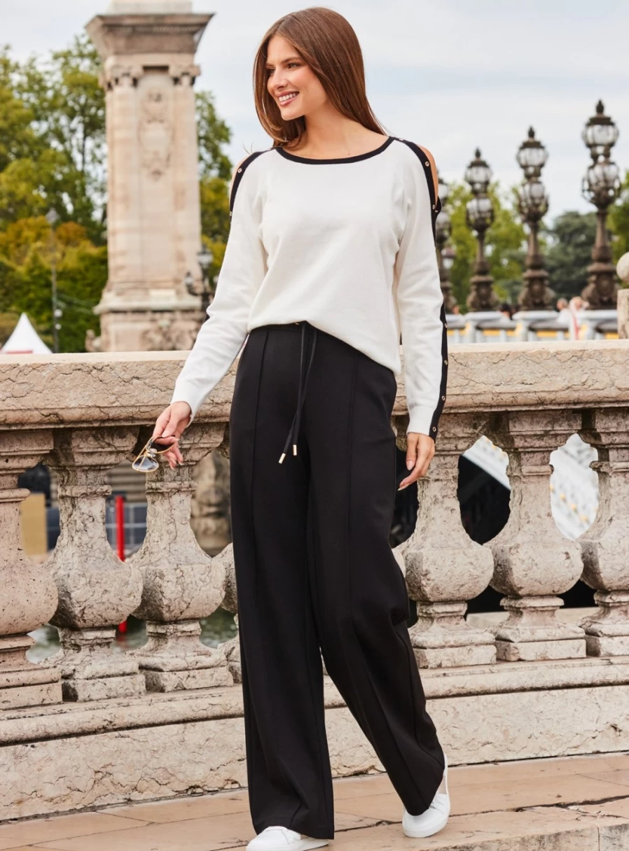 Sosandar Women's Black Wide Leg Pintuck Trousers - Size 10 | High Waist Comfort Pants