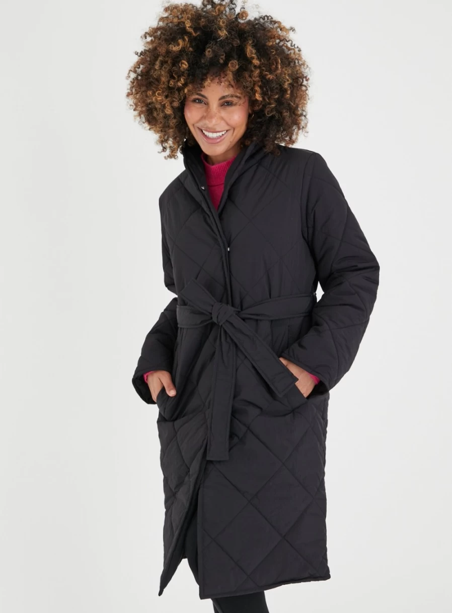Tu Petite Women's Black Diamond Quilted Belted Coat - Size 12 Petite Outerwear