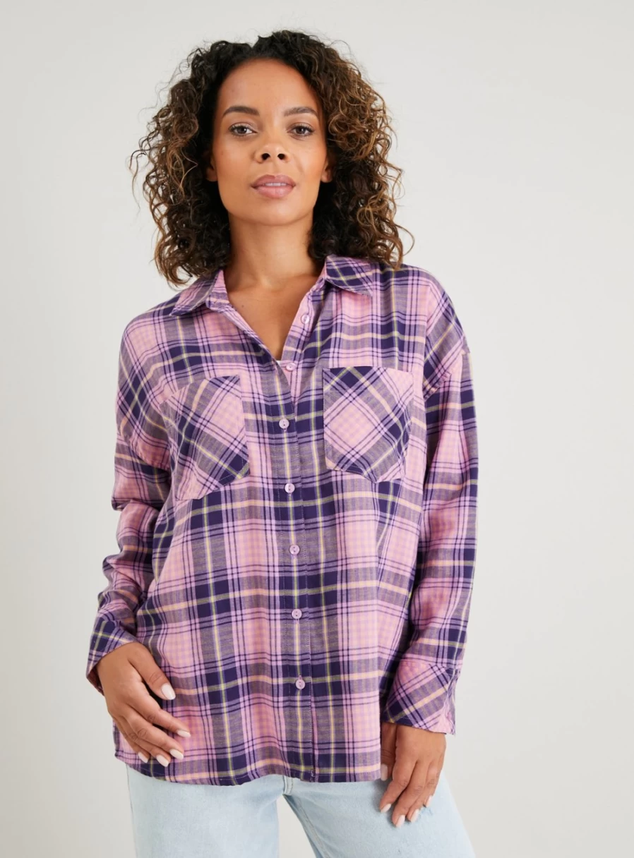 "Tu Women's Purple Checked Oversized Shirt - Stylish Casual Long Sleeve Top"