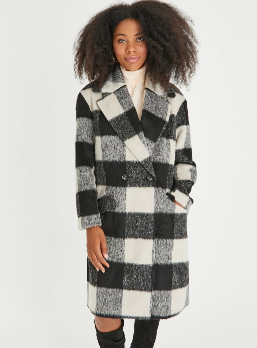 Tu Women's Mono Check Double Breasted Coat - Elegant 10 Button Winter Overcoat