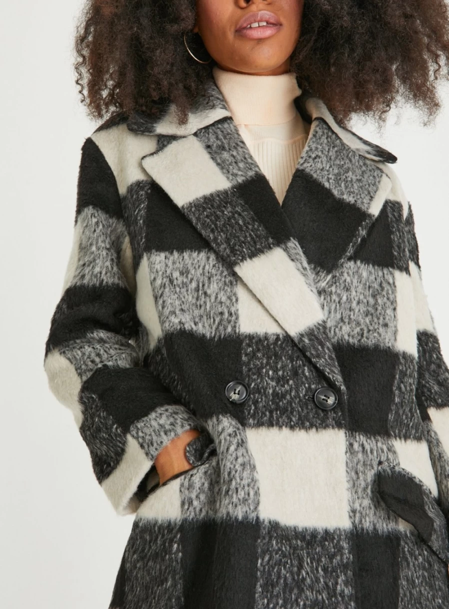 Tu Women's Mono Check Double Breasted Coat - Elegant 10 Button Winter Overcoat