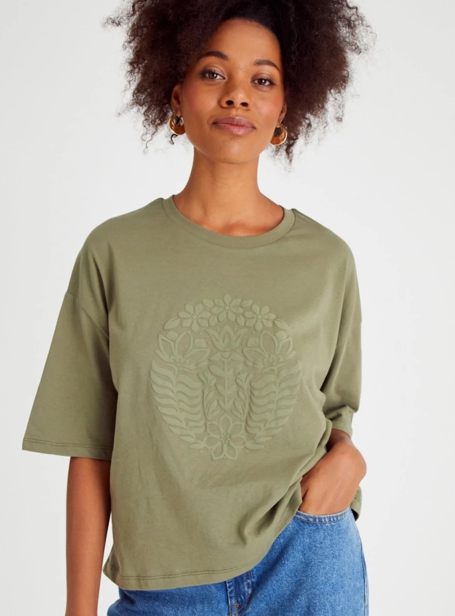 "Tu Women's Green Floral Print Boxy Fit T-Shirt - Casual Short Sleeve Top"