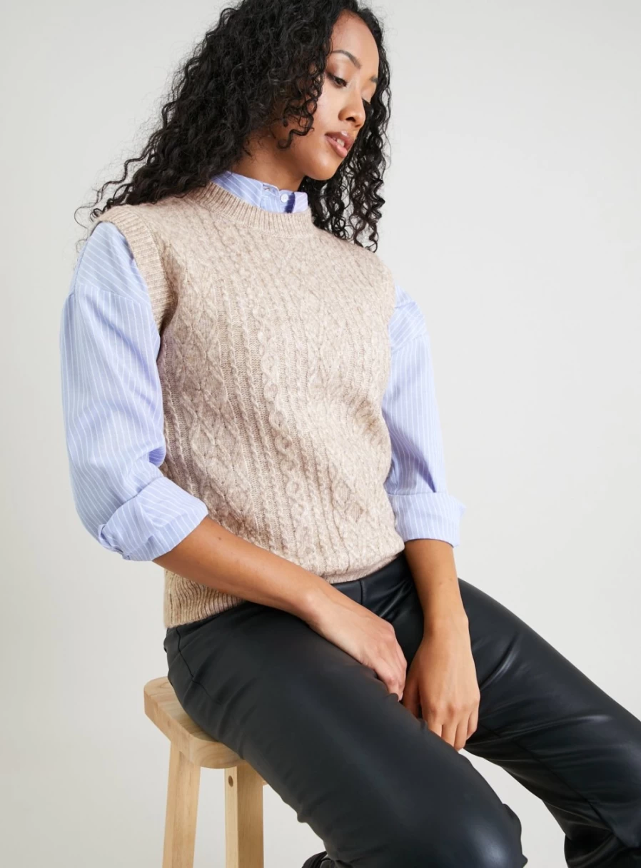 "Tu Women's Oatmeal Cable Knit Sleeveless Sweater Top"