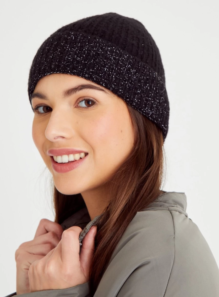 Tu Women's Black Rib Sparkly Beanie Hat - One Size Glitter Winter Knit Cap