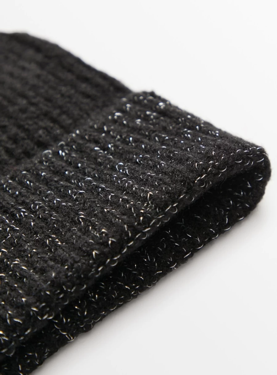 Tu Women's Black Rib Sparkly Beanie Hat - One Size Glitter Winter Knit Cap