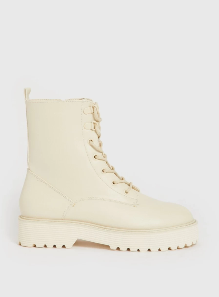 Tu Women's Cream Lace Up Boots - Stylish Chunky Heel Ankle Boots for Women