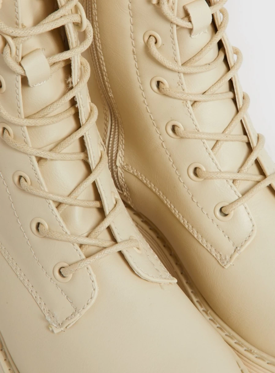 Tu Women's Cream Lace Up Boots - Stylish Chunky Heel Ankle Boots for Women