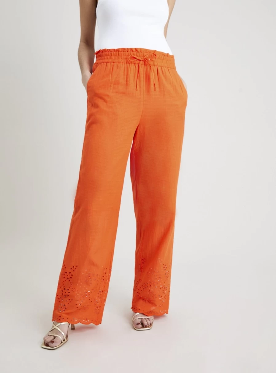 Tu Women's Orange Embroidered Hem Wide Leg Trousers - Casual Boho Palazzo Pants