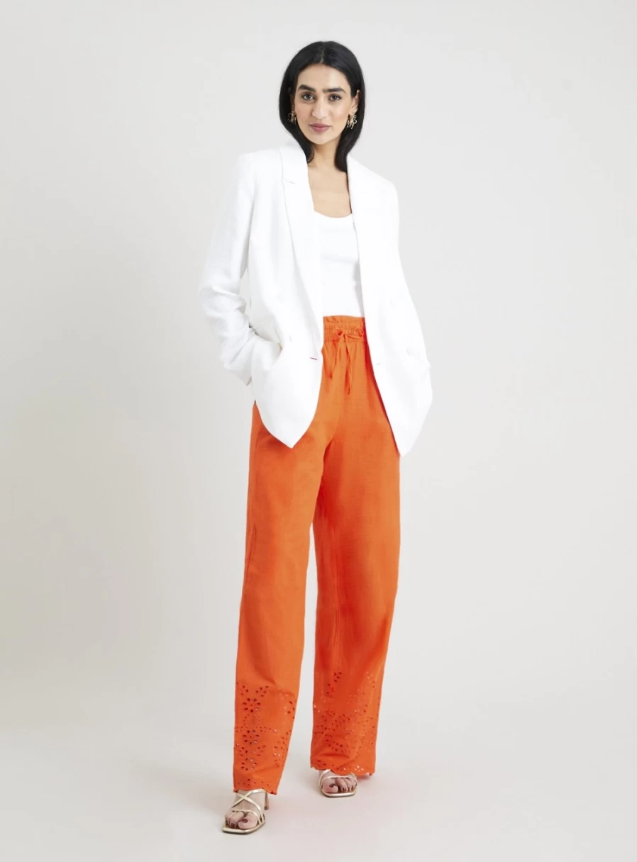 Tu Women's Orange Embroidered Hem Wide Leg Trousers - Casual Boho Palazzo Pants
