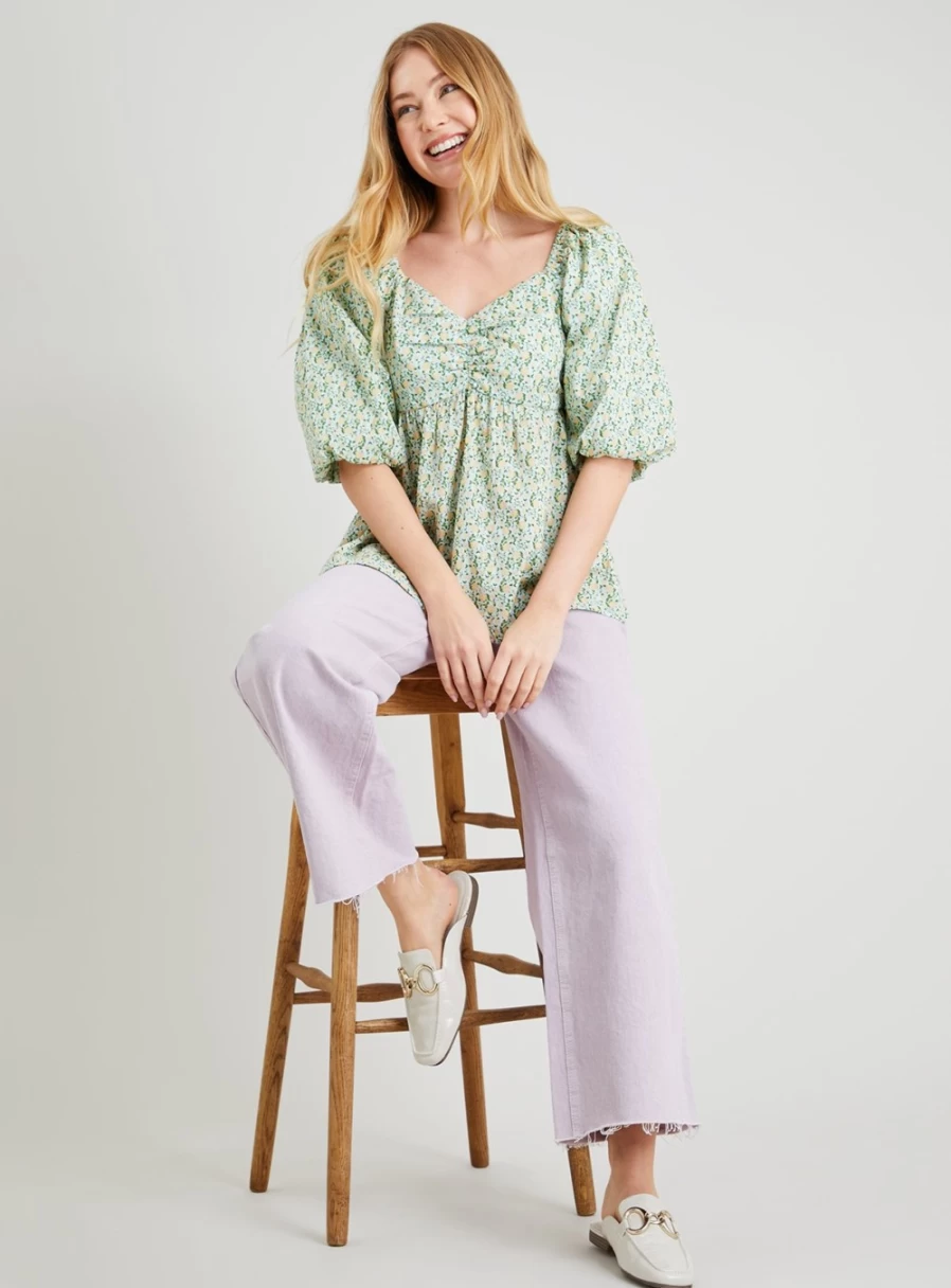 Tu Women's Ditsy Floral Puff Sleeve Blouse - Romantic Vintage Style Top