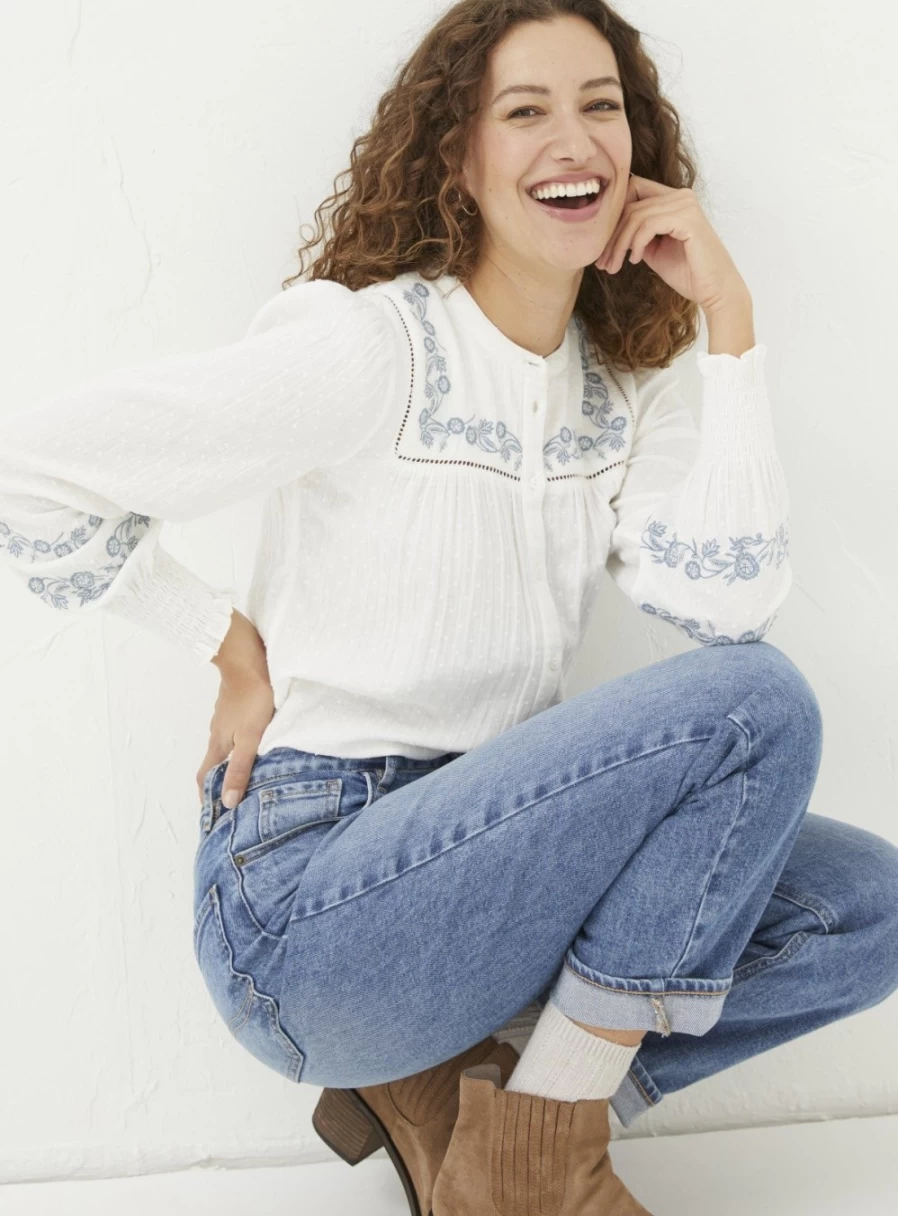 FatFace Women's Nicole Embroidered Blouse - Floral Stitched Top Size 20