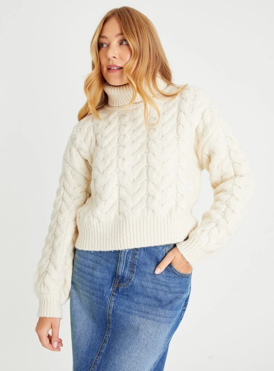 Tu Women's Cream Cropped Roll Neck Cable Knit Jumper 2022 Cozy Winter Sweater