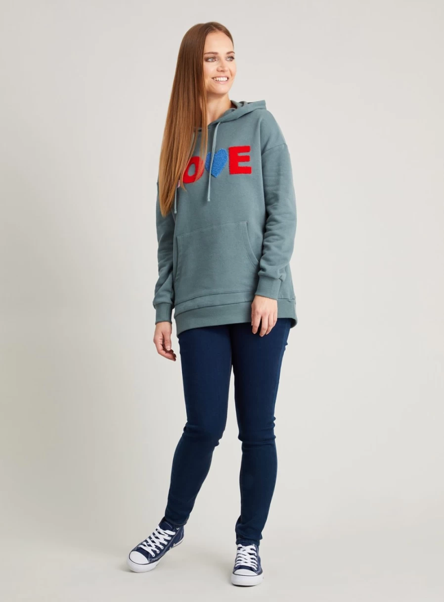 Tu Women's Green Love Boucle Slogan Hoodie - Cozy Casual Pullover Sweatshirt