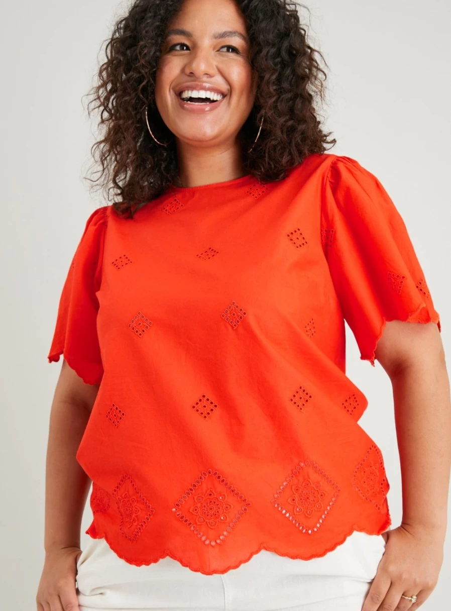 Tu Women's Orange Embroidered Short Sleeve Blouse - Floral Summer Top