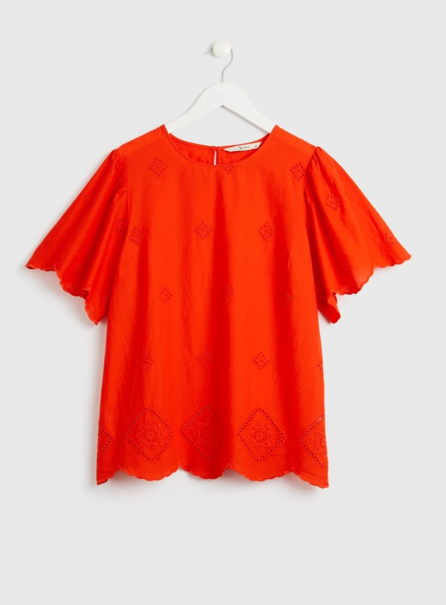 Tu Women's Orange Embroidered Short Sleeve Blouse - Floral Summer Top