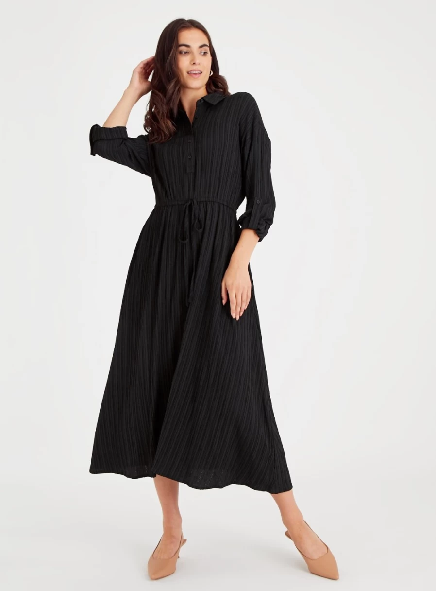 "Tu Women's Black Textured Shirt Dress - Stylish Casual Long Sleeve Dress"