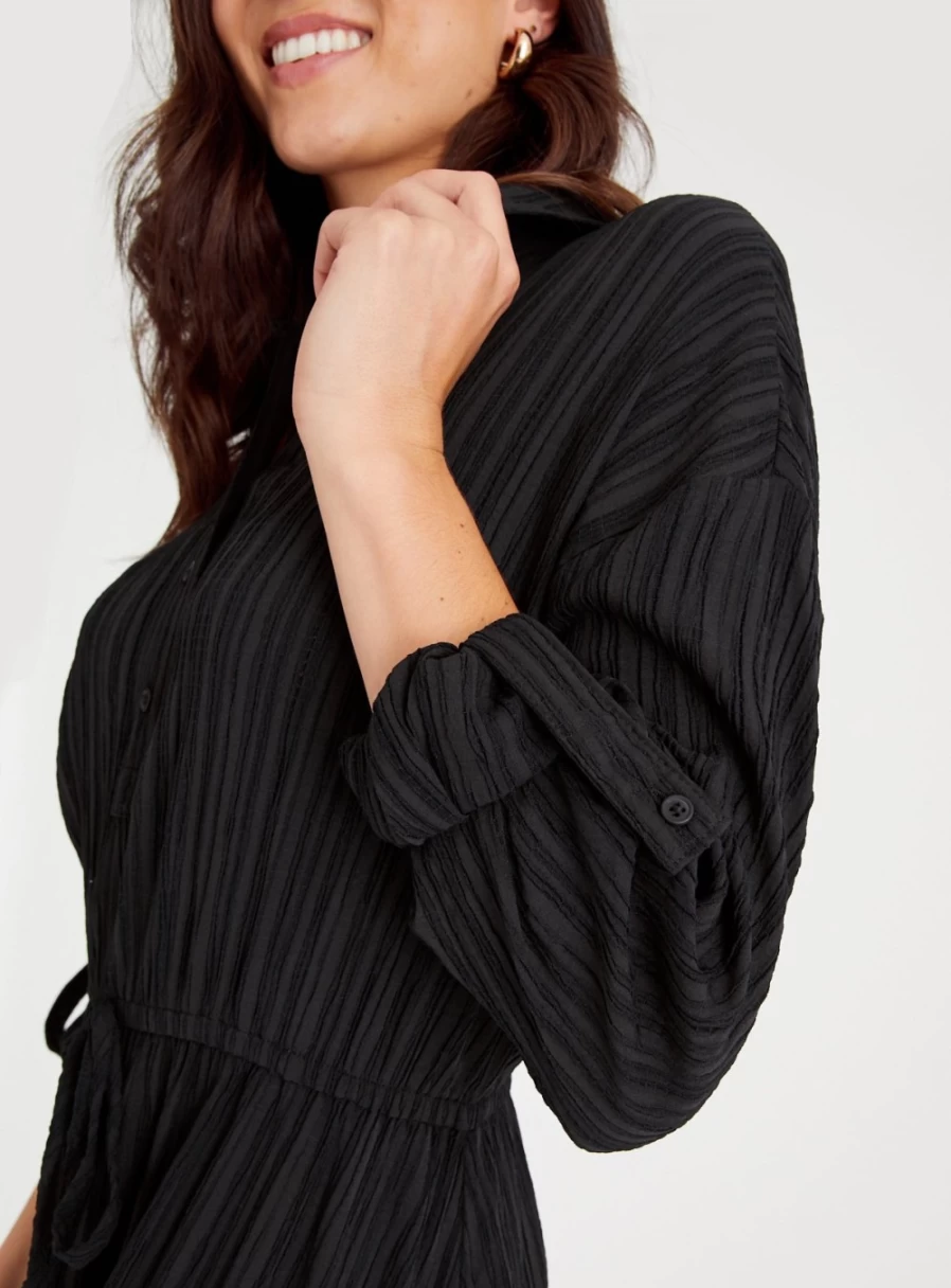"Tu Women's Black Textured Shirt Dress - Stylish Casual Long Sleeve Dress"