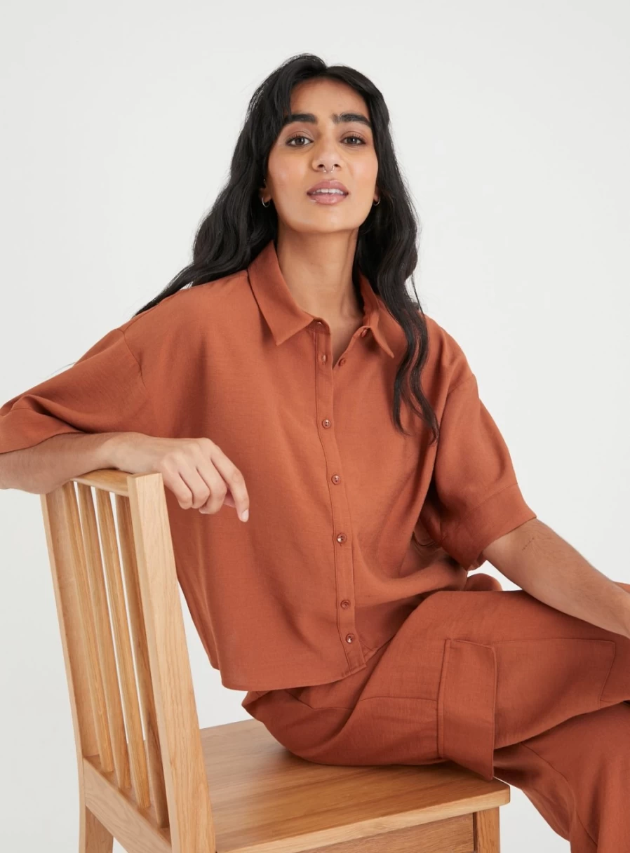 Women's Rust Boxy Fit Shirt by Tu - Stylish Coordinated Top for Casual Wear