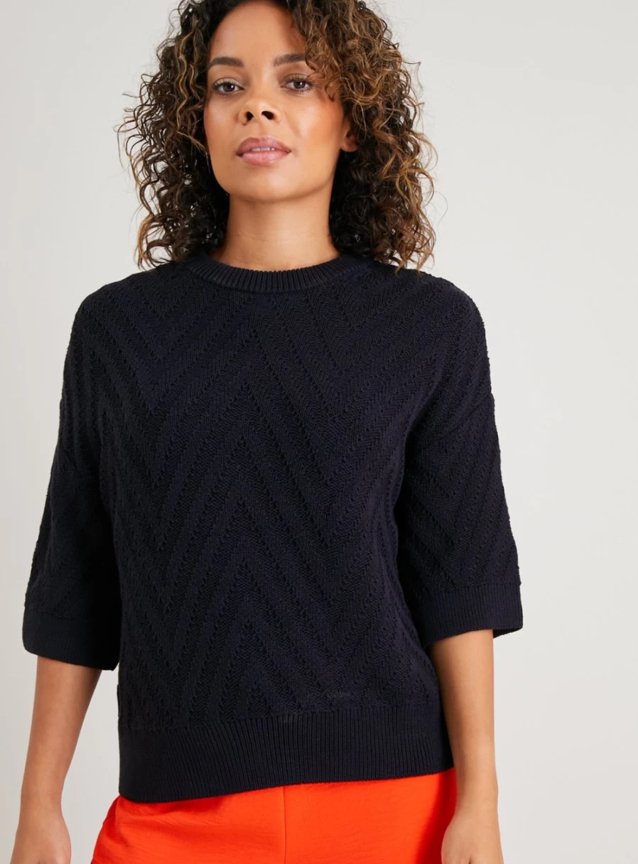 Women's Navy Blue Chevron Knit T-Shirt by Tu - Casual Crew Neck Short Sleeve Top