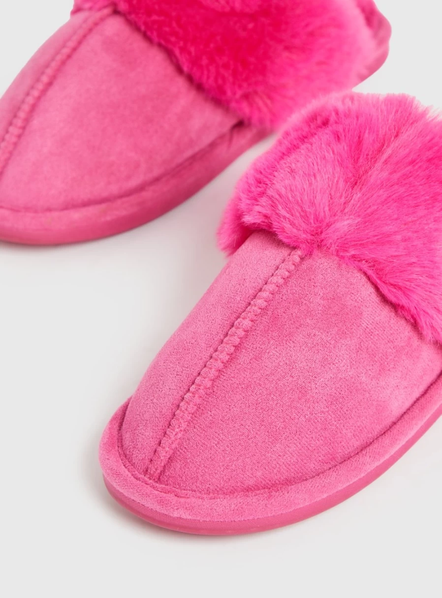 Tu Women's Bright Pink Faux Fur Trim Mule Slippers - Cozy Indoor Slide House Shoes