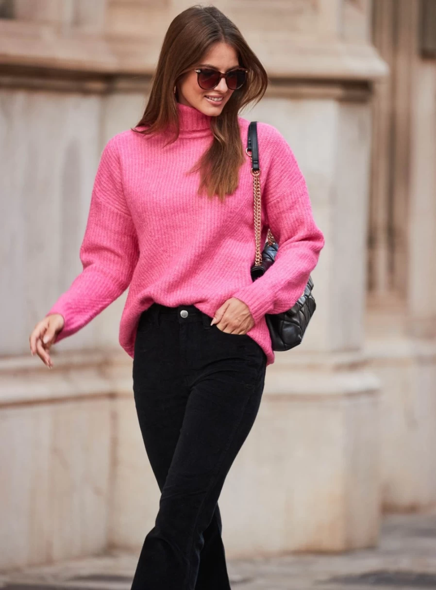 Sosandar Women's Bright Pink Chevron Pattern Roll Neck Ribbed Knit Jumper Medium