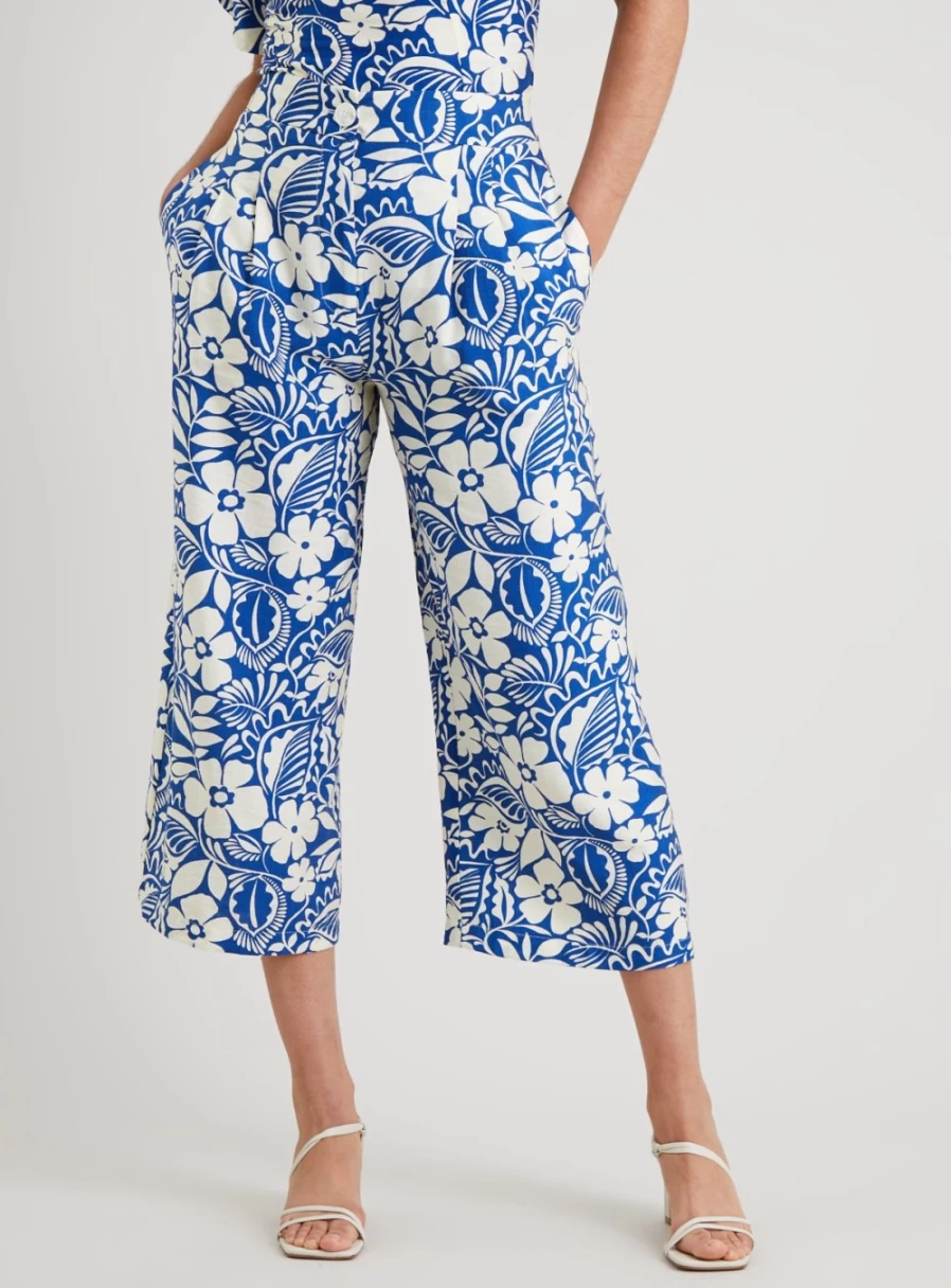 Tu Women's Blue & Cream Floral Print Wide Leg Cropped Trousers - 22S Summer High Waist Boho Pants