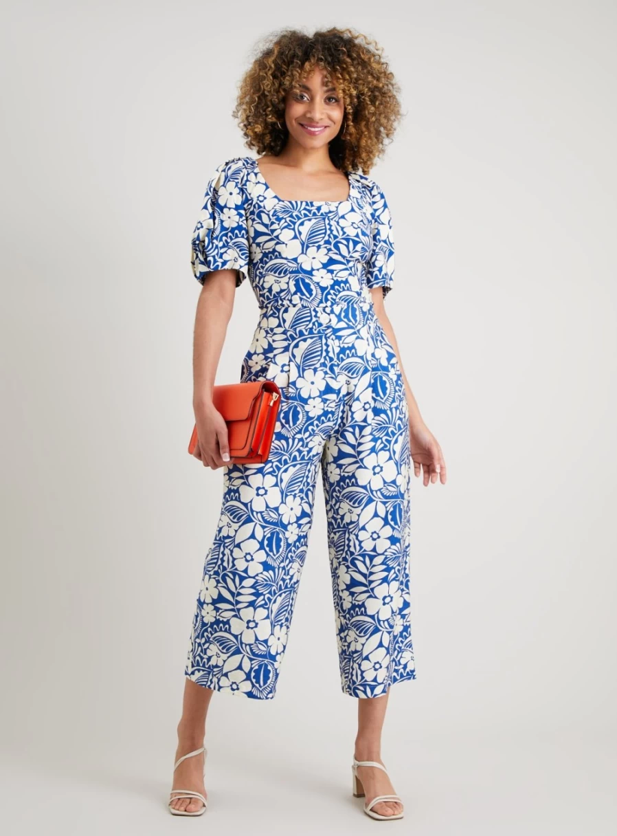 Tu Women's Blue & Cream Floral Print Wide Leg Cropped Trousers - 22S Summer High Waist Boho Pants